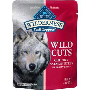 imageBlue Buffalo Wilderness Trail Toppers Wild Cuts High Protein Natural Wet Dog Food Variety Pack Beef Salmon Duck ampamp Chicken 3oz Pouches 24 CountSalmon