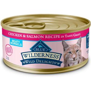 imageBlue Buffalo Wilderness Wild Delights Meaty Morsels Wet Cat Food HighProtein ampamp GrainFree Made with Natural Ingredients Chicken ampamp Turkey Recipe in Tasty Gravy 3oz Cans 24 CountChicken  Salmon