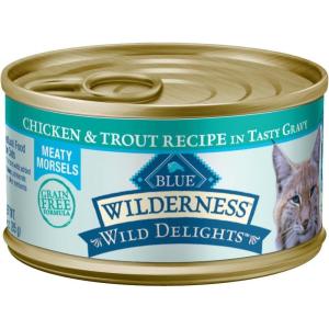 imageBlue Buffalo Wilderness Wild Delights Meaty Morsels Wet Cat Food HighProtein ampamp GrainFree Made with Natural Ingredients Chicken ampamp Turkey Recipe in Tasty Gravy 3oz Cans 24 CountChicken  Trout