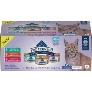 imageBlue Buffalo Wilderness Wild Delights Meaty Morsels Wet Cat Food HighProtein ampamp GrainFree Made with Natural Ingredients Chicken ampamp Turkey Recipe in Tasty Gravy 3oz Cans 24 CountChicken  Turkey  Chicken  Trout  Chicken   Salmon