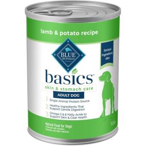 imageBlue Buffalo Basics GrainFree Adult Wet Dog Food Skin ampamp Stomach Care Limited Ingredient Diet Turkey Recipe 125oz Can 12 CountLamb