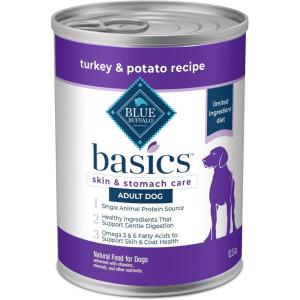 imageBlue Buffalo Basics GrainFree Adult Wet Dog Food Skin ampamp Stomach Care Limited Ingredient Diet Turkey Recipe 125oz Can 12 CountTurkey