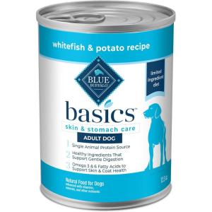 imageBlue Buffalo Basics GrainFree Adult Wet Dog Food Skin ampamp Stomach Care Limited Ingredient Diet Turkey Recipe 125oz Can 12 CountWhitefish