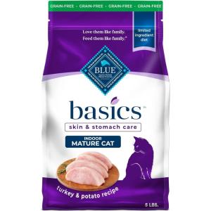 imageBlue Buffalo Basics GrainFree Dry Cat Food Skin ampamp Stomach Care Limited Ingredient Diet for Mature Indoor Cats Turkey ampamp Potato Recipe 5lb BagTurkey  Potato