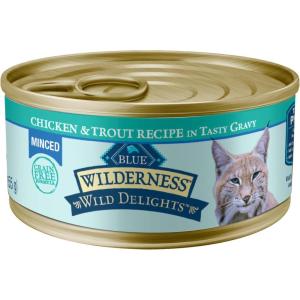 imageBlue Buffalo Wilderness Wild Delights Minced Natural Wet Cat Food Chicken ampamp Turkey in Tasty Gravy 55oz Cans 24PackChicken  Trout