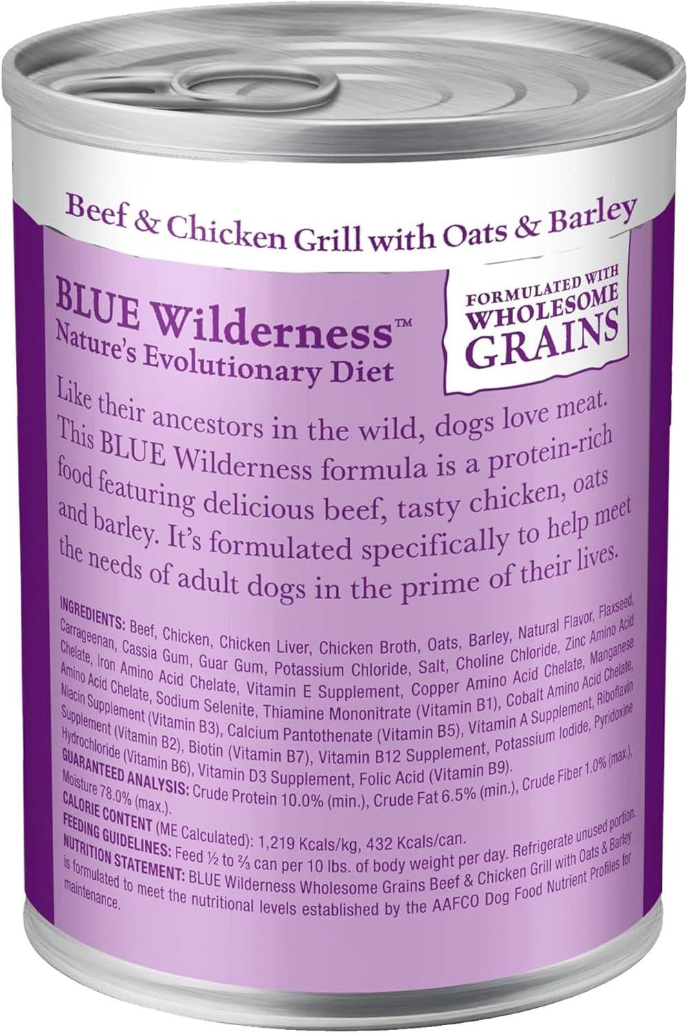imageBlue Buffalo Wilderness Adult Wet Dog Food with Wholesome Grains Made with Natural Ingredients Beef ampamp Chicken Grill 125oz Can 12 CountBeef  Chicken