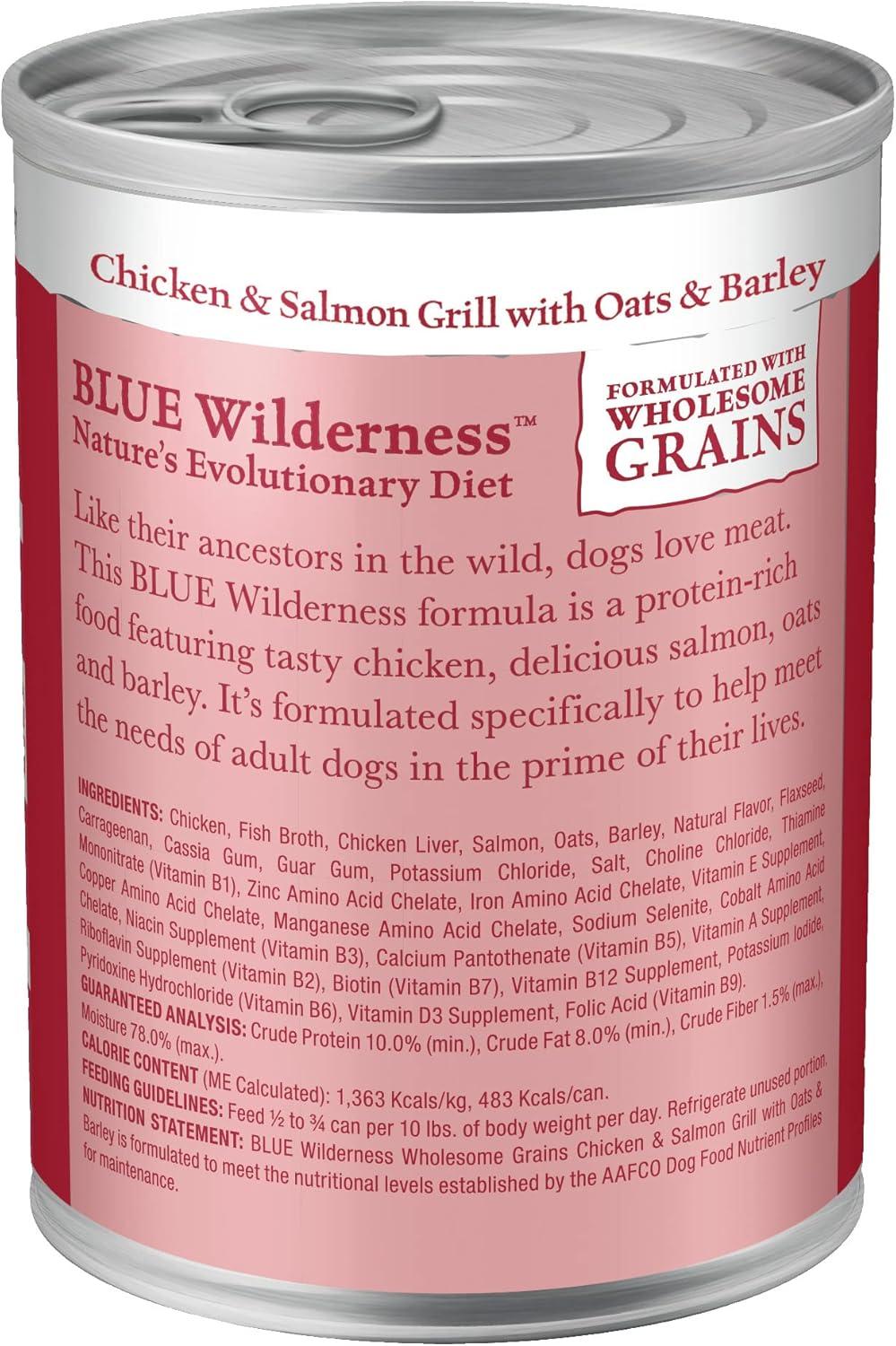 imageBlue Buffalo Wilderness Adult Wet Dog Food with Wholesome Grains Made with Natural Ingredients Beef ampamp Chicken Grill 125oz Can 12 CountSalmon  Chicken