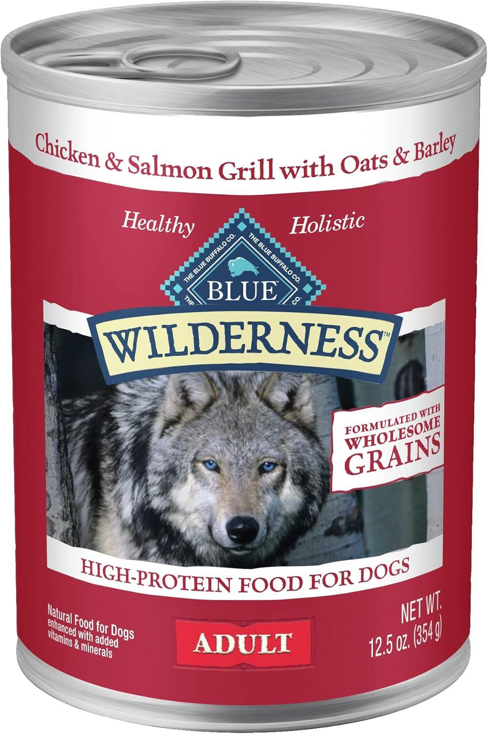 imageBlue Buffalo Wilderness Adult Wet Dog Food with Wholesome Grains Made with Natural Ingredients Beef ampamp Chicken Grill 125oz Can 12 CountSalmon  Chicken