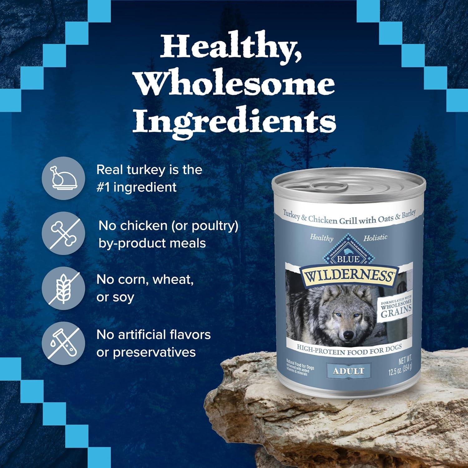 imageBlue Buffalo Wilderness Adult Wet Dog Food with Wholesome Grains Made with Natural Ingredients Beef ampamp Chicken Grill 125oz Can 12 CountTurkey  Chicken