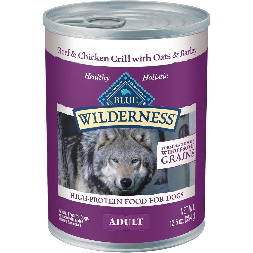 imageBlue Buffalo Wilderness Adult Wet Dog Food with Wholesome Grains Made with Natural Ingredients Beef ampamp Chicken Grill 125oz Can 12 CountBeef  Chicken