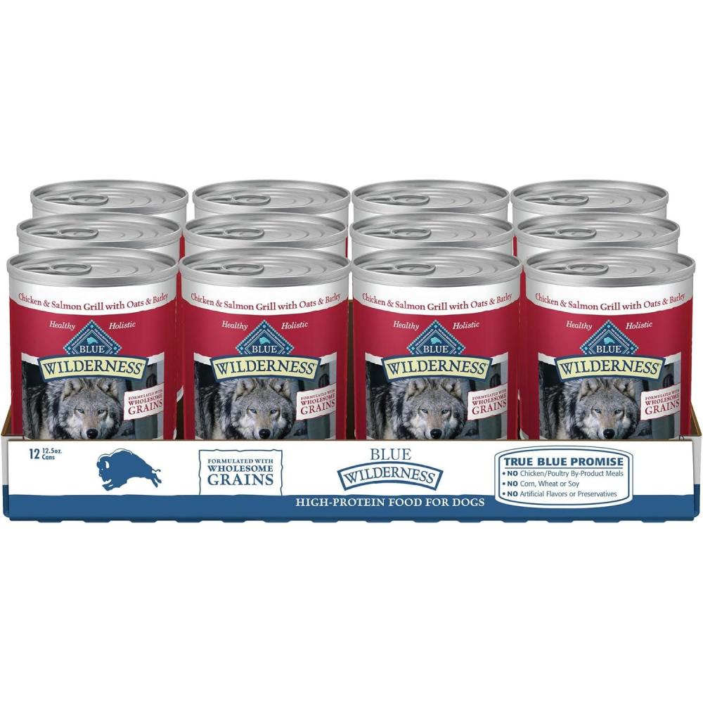 imageBlue Buffalo Wilderness Adult Wet Dog Food with Wholesome Grains Made with Natural Ingredients Beef ampamp Chicken Grill 125oz Can 12 CountSalmon  Chicken