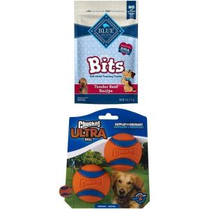 imageBlue Buffalo Valentines Day Dog Treats Gift Set Blue Bits Natural SoftMoist Training Dog Treats Beef Recipe with Chuckit Ultra Balls