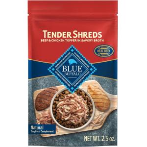 imageBlue Buffalo Tender Shreds Salmon ampamp Chicken Toppers in Savory Broth Natural Dog Food Complement Salmon ampamp Chicken 25oz Pouch 24CountBeef  Chicken